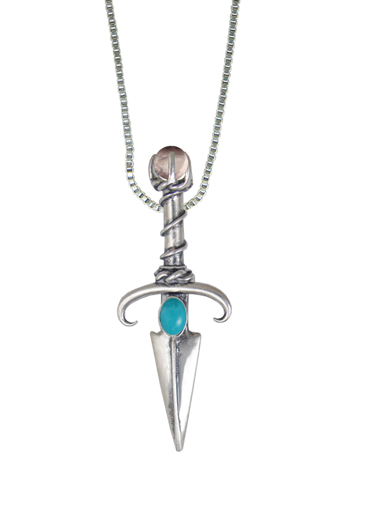 Sterling Silver Black Prince's Knife Dagger Pendant With Turquoise And Rose Quartz